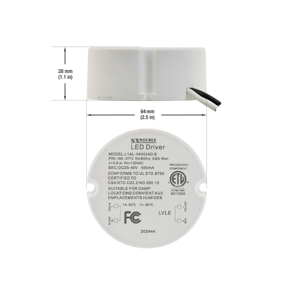 Constant Current Dimmable LED Driver 600mA 25-40V 25W max, L1AL-060024D-B