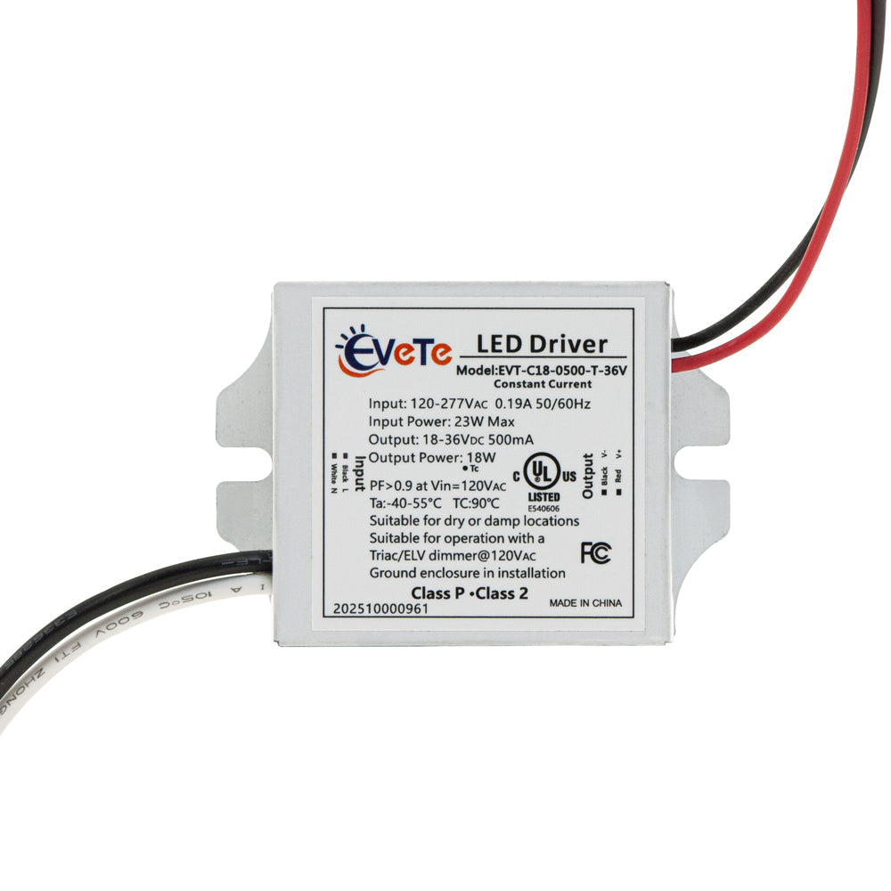 EVT-C18-0500-T-36V Constant Current Triac Dimming LED Driver, 500mA 18-36V 18W