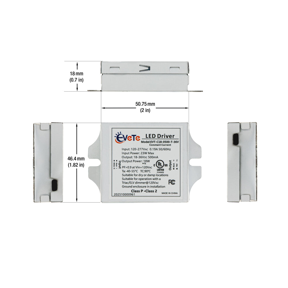 EVT-C18-0500-T-36V Constant Current Triac Dimming LED Driver, 500mA 18-36V 18W