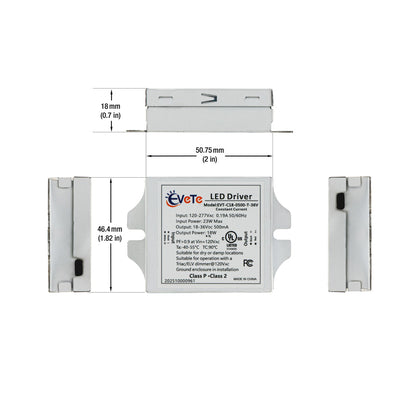 EVT-C18-0500-T-36V Constant Current Triac Dimming LED Driver, 500mA 18-36V 18W