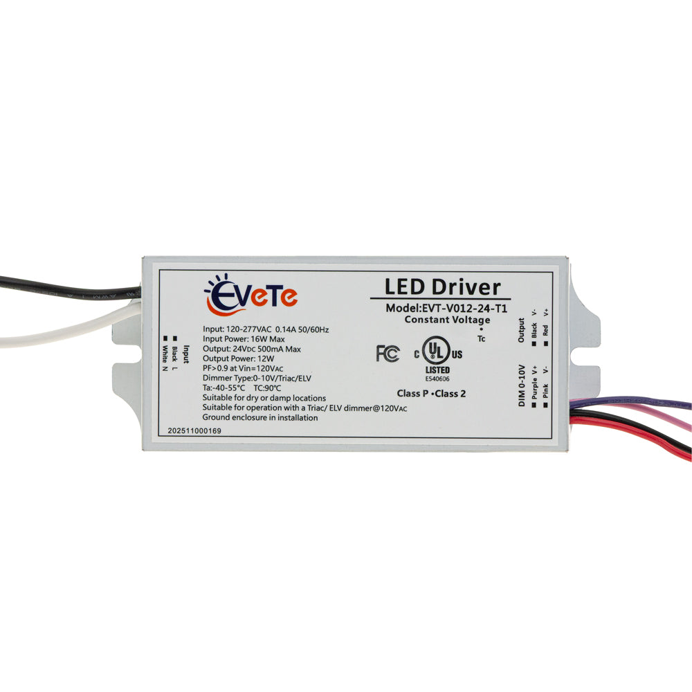 0-10V/Triac/ELV Dimmable Constant Voltage LED Driver 24V 500mA 12W, EVT-V012-24-T1
