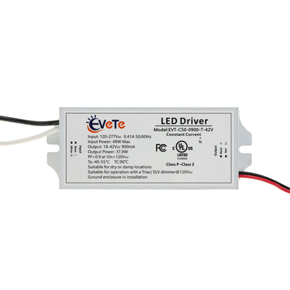 EVT-C50-0900-T-42V constant current LED driver showing input and output specifications, ideal for 900mA constant current LED driver use.