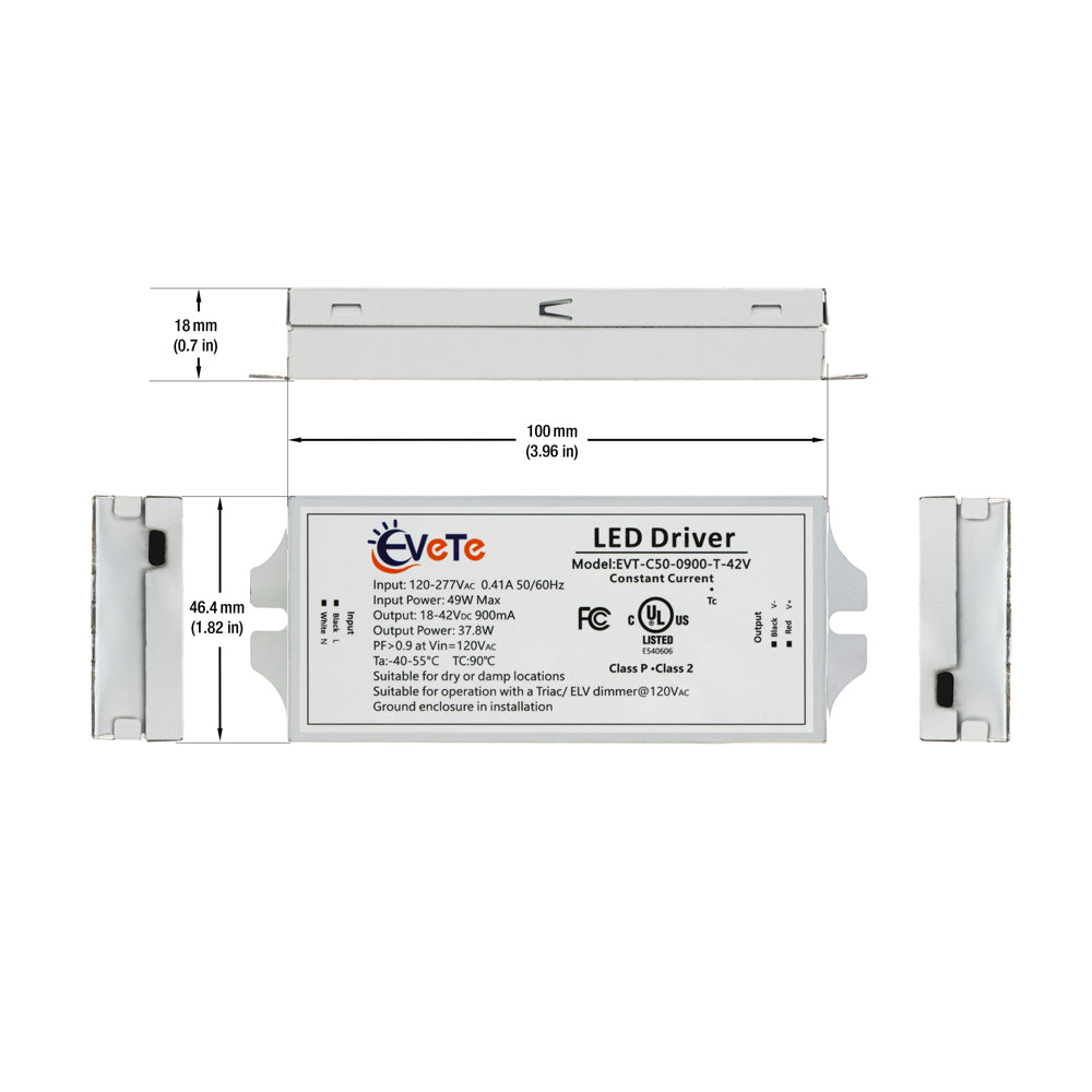 EVT-C50-0900-T-42V constant current LED driver, 900mA, 120-277V input, suitable for various LED applications.