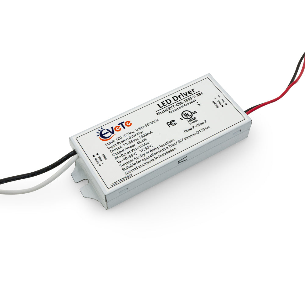 EVT-C50-1300-T-38V constant current LED driver 1300mA with input voltage specifications and certification details.