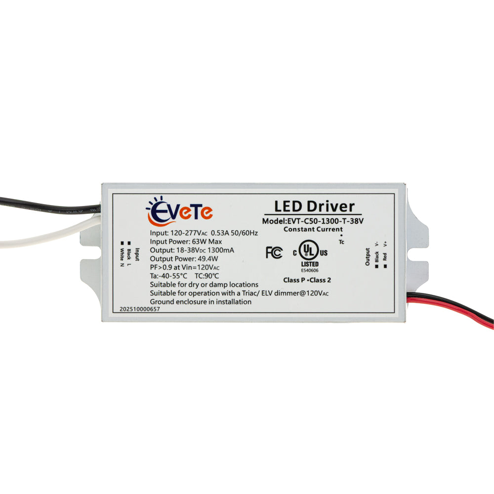EVT-C50-1300-T-38V Constant Current LED Driver, 1300mA, input 120-277V, 49.4W for LED systems.