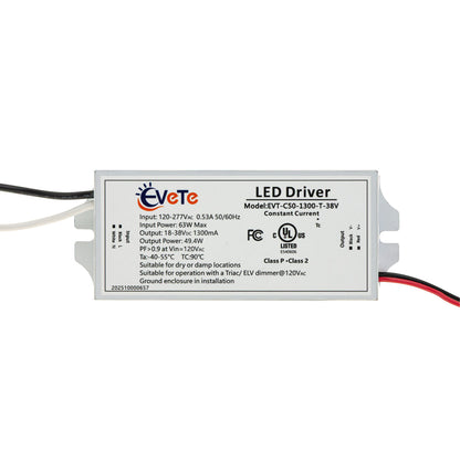 EVT-C50-1300-T-38V Constant Current LED Driver, 1300mA, input 120-277V, 49.4W for LED systems.