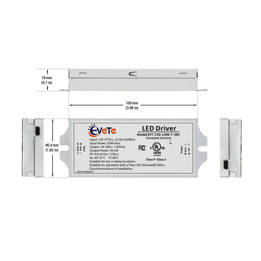 EVT-C50-1300-T-38V constant current LED driver 1300mA dimensions and specifications image