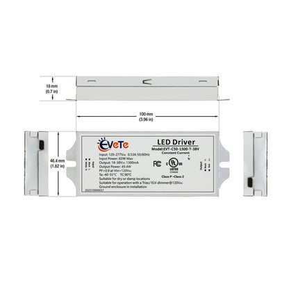 EVT-C50-1300-T-38V constant current LED driver 1300mA dimensions and specifications image