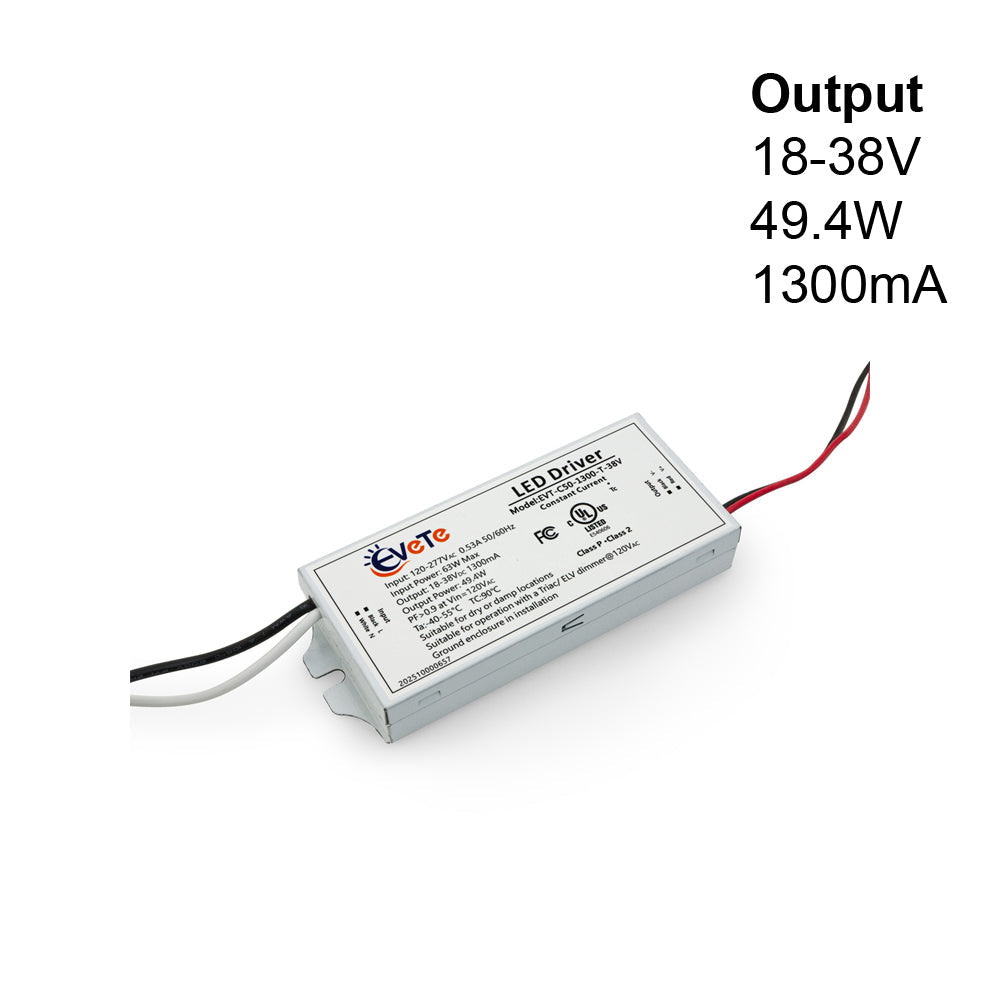 EVT-C50-1300-T-38V constant current LED driver 1300mA with output 18-38V 49.4W in a compact design.