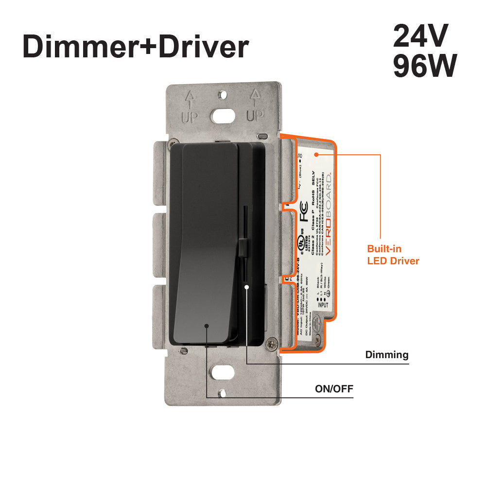 Black Single Gang Dimmer+Driver 2in1 96W 24V class2. Single pole/ 3Way