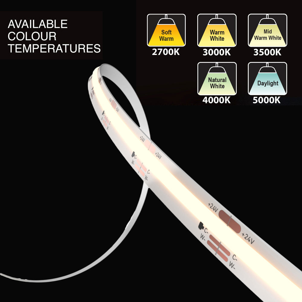 Dals 3M(10ft) Indoor LED Strip COB, 24V 18W 1590Lm CCT(2.7K, 3K, 3.5K, 4K, 5K)