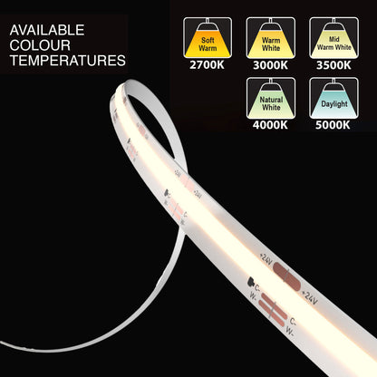 Dals 3M(10ft) Indoor LED Strip COB, 24V 18W 1590Lm CCT(2.7K, 3K, 3.5K, 4K, 5K)