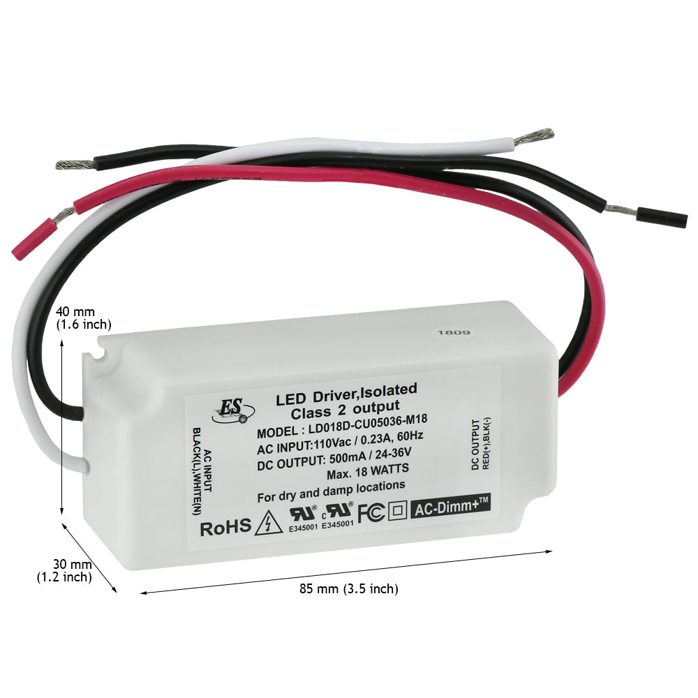 ES LD018D-CU05036-M18 Constant Current LED Driver, 500mA 24-36V 18W max, gekpower