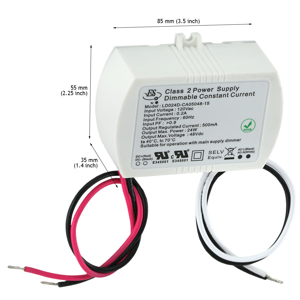 Dimmable Canada, British Columbia, North America. ES LD024D-CA05048-15 Constant Current LED Driver, 500mA 48V 24W max