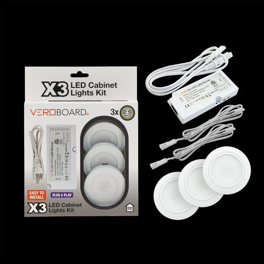 3x Plug-In White Round LED Cabinet Lights Kit